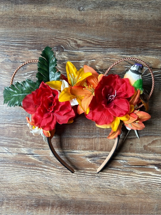 Disney Accessories - Disney Red & Orange Floral Tropical Enchanted Tiki Room Bird Mouse Ear Headband